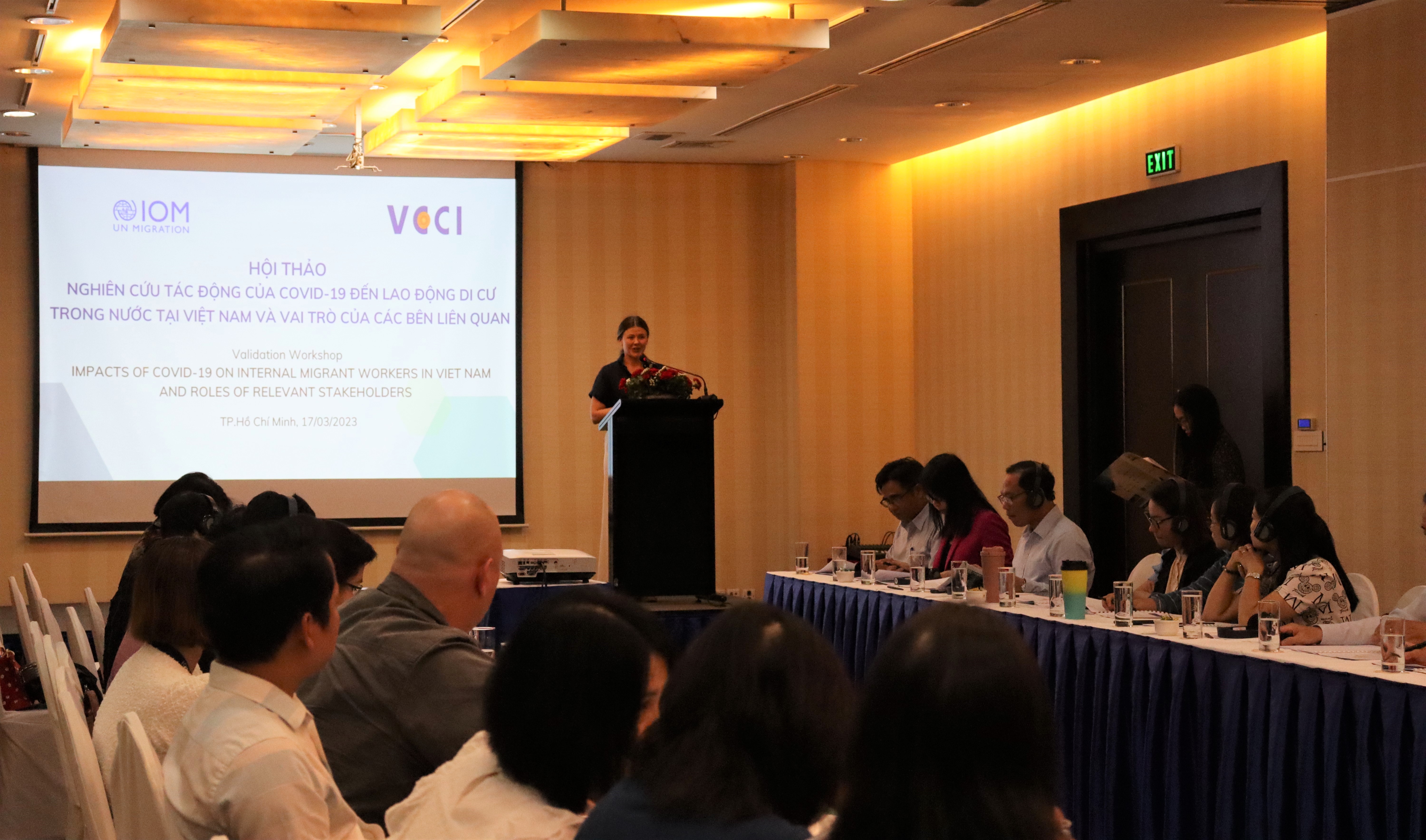 Anastasia Vynychenko, IOM Programme Manager, delivered welcome remarks in a validation workshop on 17 March 2023 @IOM Viet Nam