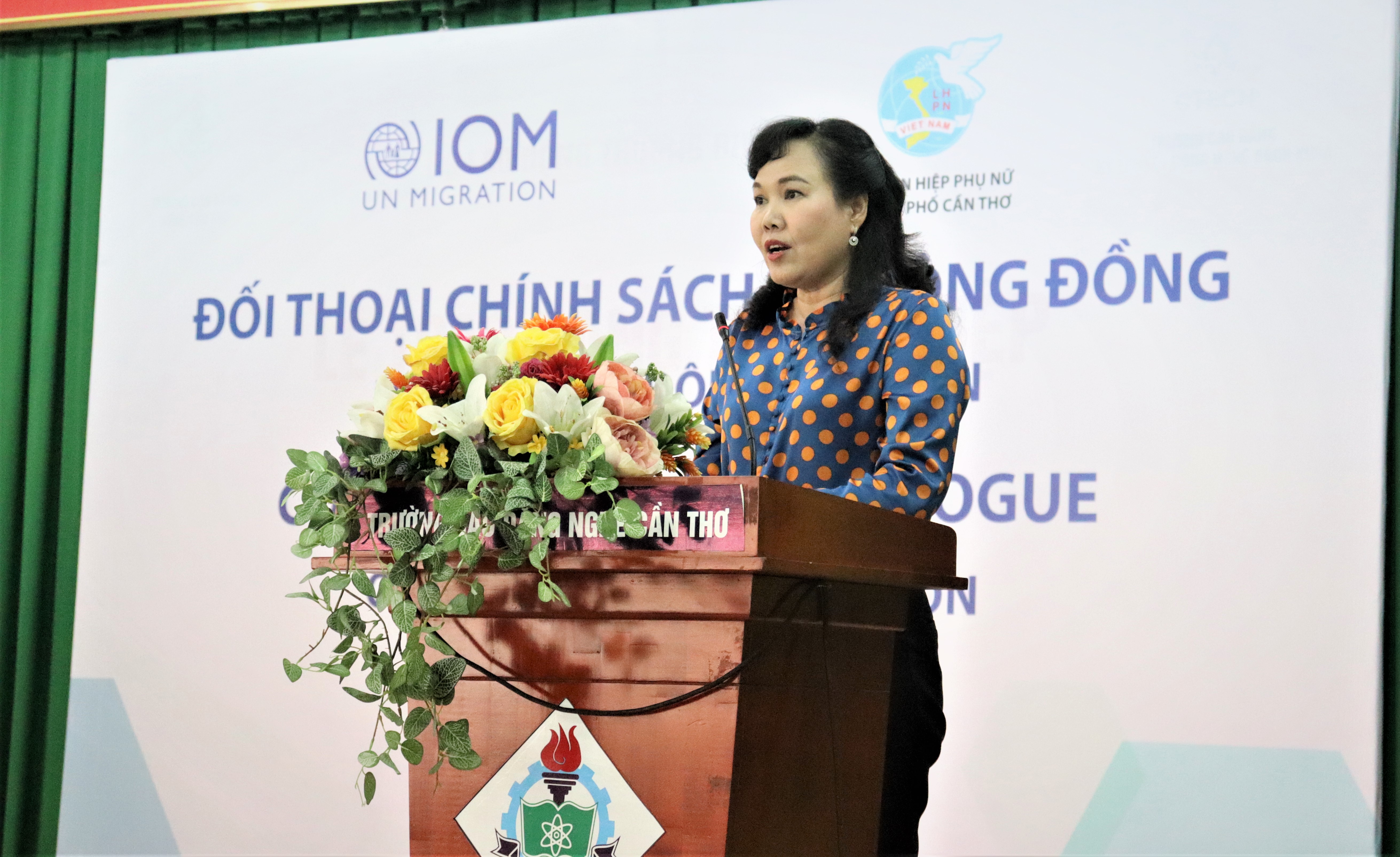Ms. Vo Kim Thoa, Chairwoman of the Can Tho Women's Union delivering the opening speech during a policy dialogue in Can Tho @ Photo: IOM Viet Nam